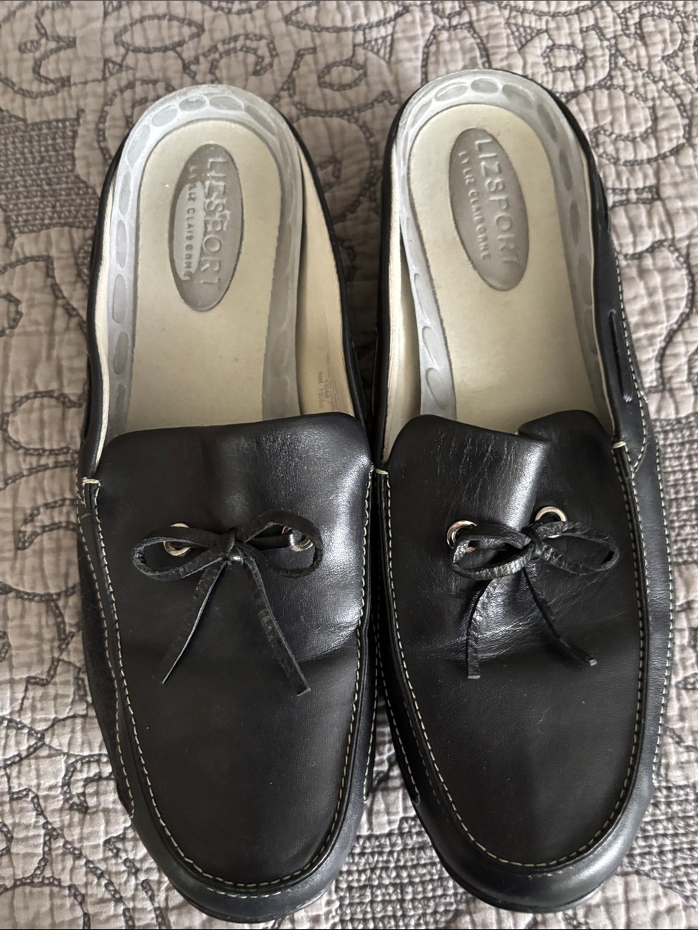 Liz Claiborne Black Leather Bow-Accent Mules